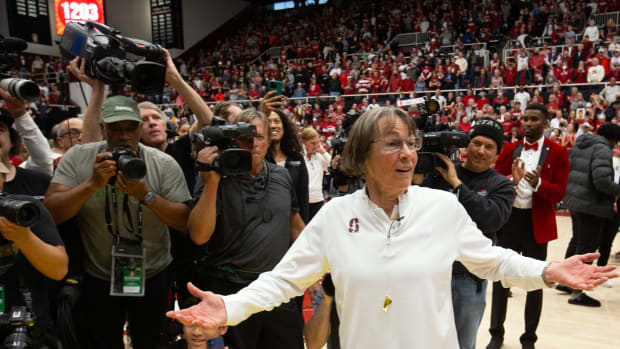 Jan 21, 2024; Stanford, California, USA; Stanford Cardinal head coach Tara VanDerveer reacts to winning her record 1,203rd collegiate coach win, a 65-56 victory over the Oregon State Beavers at Maples Pavilion. Mandatory Credit: D. Ross Cameron-USA TODAY Sports
